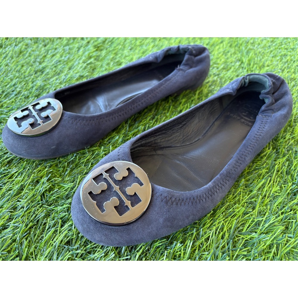 Tory Burch Reva Ballet Flats Navy Blue Suede Silver Logo Medallion 6M